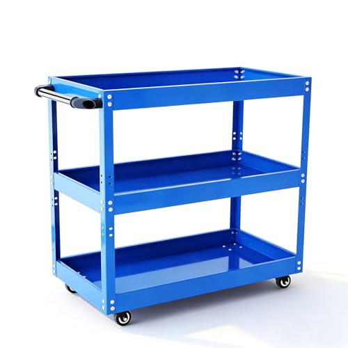 3 Tier Rolling Work Cart on Wheel Small Utility Cart | Heavy Duty Metal Shop Carts Organizer Mobile Tool Storage Service Small Work Cart for Maintenance Garage Mechanics Industrial