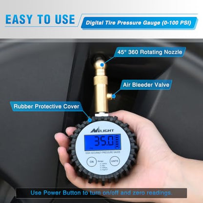 Nilight Digital Tire Pressure Gauge 100PSI Heavy Duty Stainless Steel Air Chucks ANSI 2A Certified Large Dial Wheel Service Checker for Truck Semi Truck ATV Motorhome Cars & RV Accessories - color: Digital Tire Gauge