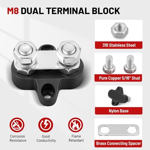 RED WOLF 12V 150A Power Distibution Block 5/16" Dual Stud Busbar M8 Terminal Bus Bar 12 Volt DC Battery Junction Post for Auto Boat Marine Solar System Positive and Negative (2PC) - size: Dual M8 Stud