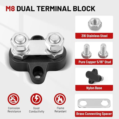 RED WOLF 12V 150A Power Distibution Block 5/16" Dual Stud Busbar M8 Terminal Bus Bar 12 Volt DC Battery Junction Post for Auto Boat Marine Solar System Positive and Negative (2PC) - size: Dual M8 Stud