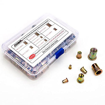 LOKMAN 175PCS Metric Rivet Nut Kit Carbon Steel Flat Head Threaded Insert Nut Assorted in M3 M4 M5 M6 M8 M10 M12, Knurled Body (Rivet Nut Kit 1) - size: Rivet Nut Kit 1