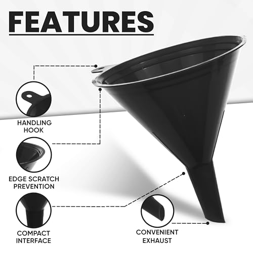 LIQVEE™ Funnels for Kitchen Use – Black Set in 4 Sizes (122, 101, 76 & 50mm) | Durable, Non-Toxic Food Grade Plastic – Ideal for Filling Bottles, Jars & Containers | Perfect for Kitchen, Garage & Labs