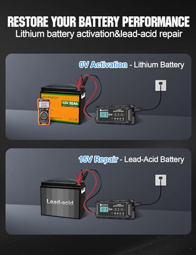 ECO-WORTHY 10A LiFePO4 Battery Charger 12V, Smart Lithium Battery Charger & Maintainer, Trickle Charger and Desulfator for Lead Acid, RV, Car, Motorcycle, Marine, Boat