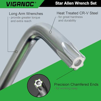 Chrome Vanadium Steel Long Arm Torx Star Allen Wrench Set, T10-T50, 9-Piece - style: Torx Star