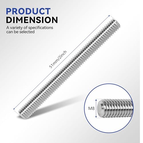 24 Pcs 304 Stainless Steel M8 Fully Threaded Rod,2"(51mm) Threaded Rod,Right Hand Threads，with Nuts (24, M8x51mm) - size: M8x51mm