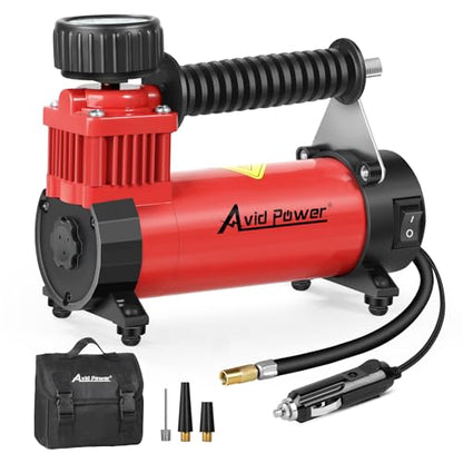 AVID POWER 12V DC Tire Inflator Portable Air Compressor, Compact Air Pump w/Copper Motor, Easy Operation 12V Tire Pump w/Carrying Case & 3 Adapters (Red)