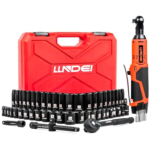 LLNDEI 3/8" 58Pcs Cordless Electric Ratchet Wrench Set with Socket Set,12V High Capacity Electric Wrench(40FT-LBS(55N.M)) with Adjustable Speed.