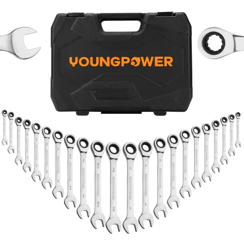 YOUNGPOWER 22-Piece Ratcheting Wrench Set, SAE & Metric, 1/4"-3/4" & 6-18mm | Chrome Vanadium Steel, Mirror-Polished, Corrosion Resistance, 72-Tooth with 5-Degree Swing Arc, Storage Case, Engine Repairs - size: 1/4"-3/4" & 6-18mm