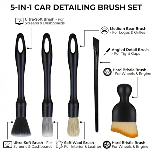 5 PCS Car Detailing Brush Set, Ultra-Soft Boar Hair Brushes for Interior & Exterior Cleaning, Multi-Use Duster for Air Vents, Wheels & Leather, Professional Car Wash Supplies