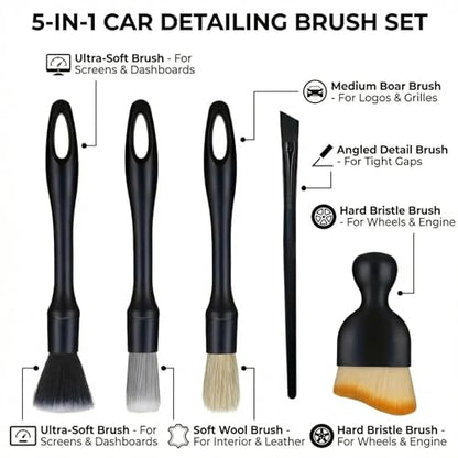 5 PCS Car Detailing Brush Set, Ultra-Soft Boar Hair Brushes for Interior & Exterior Cleaning, Multi-Use Duster for Air Vents, Wheels & Leather, Professional Car Wash Supplies
