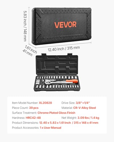 VEVOR Socket Set, 39 Pieces, 3/8 & 1/4 inch Drive Socket and Ratchet Set, SAE and Metric Size, Mechanic Tool Kit with Ratchet Wrench, Accessories, Storage Case, CR-V Alloy Steel, for Automotive Repair - size: 1/4"&3/8", style: 39 PCS