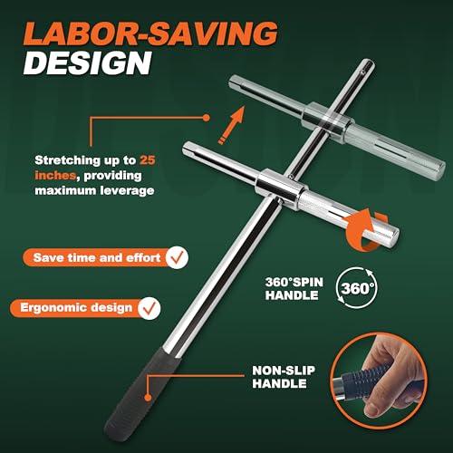 25'' Heavy Duty Extended Lug Wrench with Blow Storage Case, 4 Way Tire Iron Nut Wrench Set, Lug Nut Remover 1/2 Drive with Standard Sockets (17mm, 19mm and 21mm,23mm), Labor Saving Cross Wrench
