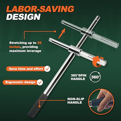 25'' Heavy Duty Extended Lug Wrench with Blow Storage Case, 4 Way Tire Iron Nut Wrench Set, Lug Nut Remover 1/2 Drive with Standard Sockets (17mm, 19mm and 21mm,23mm), Labor Saving Cross Wrench