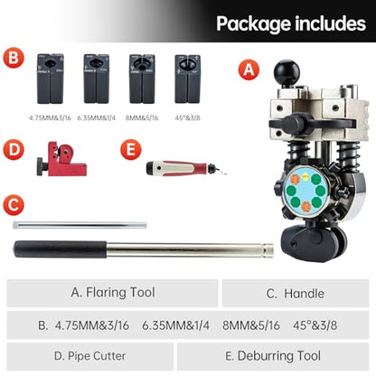 Professional Brake Line Flaring Tool Kit for 45 Degree Single, Double and Bubble Flares, 3/16", 1/4", 5/16", 3/8" and 4.75mm Steel Copper Metal Tubing