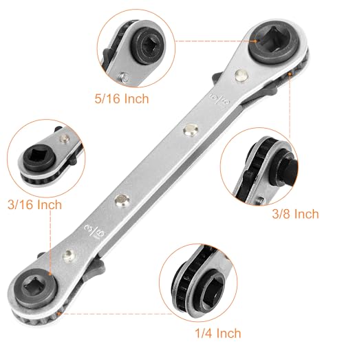 HVAC Service Wrench Set, 4-in-1 Refrigeration Ratchet Wrench with Hex Bit Adapter, Professional AC Service Tools for Air Conditioning Repair & Compressor Valve Maintenance, 3/8" to 1/4" 5/16" 3/16"