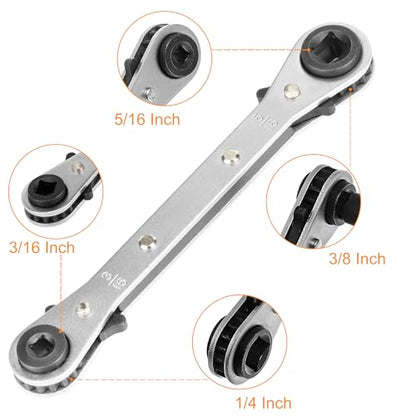 HVAC Service Wrench Set, 4-in-1 Refrigeration Ratchet Wrench with Hex Bit Adapter, Professional AC Service Tools for Air Conditioning Repair & Compressor Valve Maintenance, 3/8" to 1/4" 5/16" 3/16"