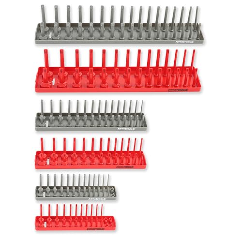 OEMTOOLS 22413 6 Piece SAE and Metric Socket Tray Set, SAE and Metric Socket Storage for Sizes 1/4", 3/8”, and 1/2" Drive, Socket Holders and Socket Organizer Tray for Toolbox, Red/Grey | Optimize Toolbox Organization, Designed for Shallow and Deep Socket
