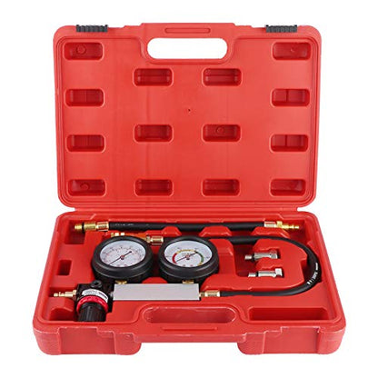 Cylinder Leakage Detector with Dual Pressure Gauges – Engine Compression Leakdown Tester Kit for Piston, Valve & Head Gasket Diagnosis, Includes Threaded Test Plugs for 14mm, 18mm, and Sizes