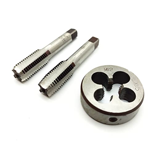 AtticZone M12 x 1.5 Metric Hand Thread Tap and Die Set, Right Hand 12 * 1.5, Alloy Tool Steel, 1 Taper Tap, 1 Plug Tap, 1 Round Die for Metal Working DIY Industrial - size: M12x1.5
