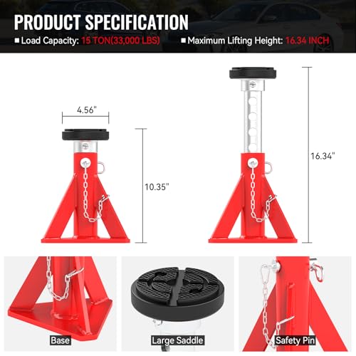 Jack Stands 15 Ton Capacity, Heavy Duty Vehicle Stabilizer Jacks | 2 PCS Trailer Support Jack Stands with Safety Pins for RV, SUV, Pickup Truck, Car, UTV, Adjustable from 10" to 16"