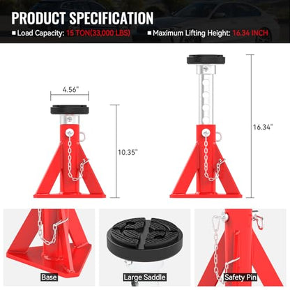 Jack Stands 15 Ton Capacity, Heavy Duty Vehicle Stabilizer Jacks | 2 PCS Trailer Support Jack Stands with Safety Pins for RV, SUV, Pickup Truck, Car, UTV, Adjustable from 10" to 16"