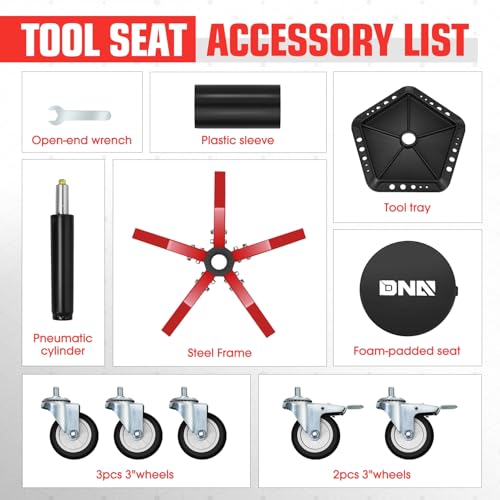 DNA Motoring Rolling Shop Stool, Adjustable Height Padded Rolling Seat, Pneumatic Roller Mechanic Stool for Garages, w/Tool Storage Tray, 300lbs Capacity, TOOLS-00636-BK-RD - style: Red Tray Model