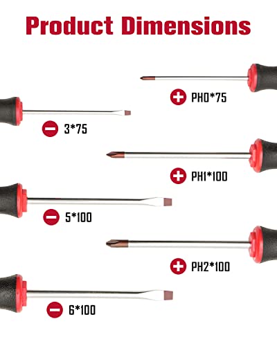 ROTATION 6PCS Magnetic Tip Screwdriver Set, 3 Phillips and 3 Flat, Red Tip | Red, Gloss, S2 Steel) - color: 3pc Phillips+3pc Flat