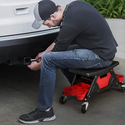 Magshion Garage Creeper Seat with Built-in Storage Drawer & Tool Holder – Durable Plastic Rolling Mechanic Stool with Wheels, 300 Lbs Capacity for Workshop & Auto Repair (Red)
