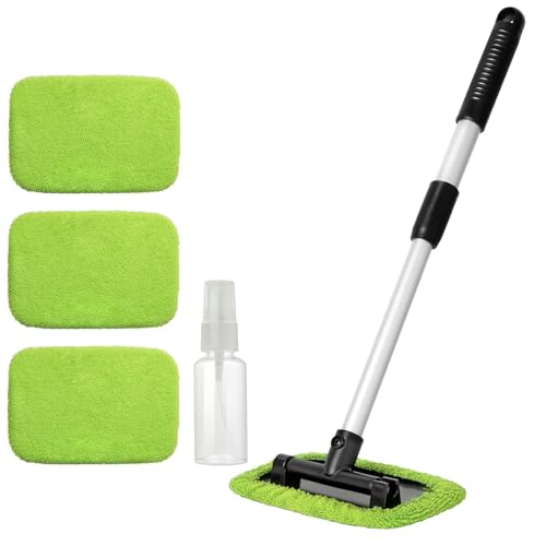 Qydipclin 11pcs Windshield Cleaner Tool, Car Window Cleaning Wash Kit with 6 Reusable Microfiber Pads 2 Spray Bottles and Extendable Handles Auto Glass Wiper Kit, Green - color: Green