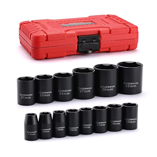 CASOMAN 14 Pieces 1/2-Inch Drive Shallow Impact Socket Set, Metric, 6-Point, 11mm to 32mm - size: 14 Pieces, Metric, Shallow, 1/2-Inch Drive