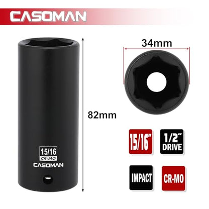 CASOMAN 1/2" Drive x 15/16" Deep Impact Socket, 6-Point, SAE, CR-MO - size: 23.81 mm (Deep), style: 6-Point Socket