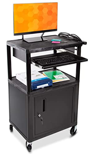 Line Leader Plastic AV Cart with Keyboard Tray and Locking Metal Cabinet, Heavy Duty Mobile Workstation with 4 Rolling Casters, 2 Locking Brakes, Heavy Duty, Holds up to 75 lbs (42 Inch w Cabinet) - color: Large 2 Shelves W/ Cabinet & Keyboard Tray