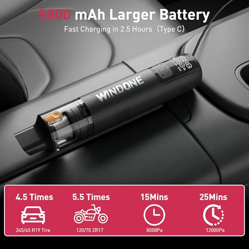 Windone Car Vacuum, 12000Pa 2-in-1 Cleaner & Tire Inflator 150PSI | 60W Brushless Motor, Cordless Handheld Vacuum & Air Pump with Pressure Gauge, LED Light, Multi-Nozzles for Car, Home, Office