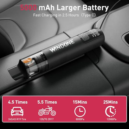 Windone Car Vacuum, 12000Pa 2-in-1 Cleaner & Tire Inflator 150PSI | 60W Brushless Motor, Cordless Handheld Vacuum & Air Pump with Pressure Gauge, LED Light, Multi-Nozzles for Car, Home, Office