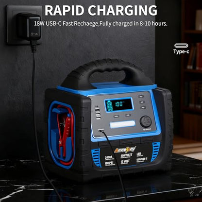 2400A Car Battery Jump Starter and Portable Power Station – Starts 8.0L Gas & 8.0L Diesel – 6-in-1 Jump Starter with Air Compressor 100 PSI Tire Inflator – 400 Watt Inverter AC/DC/USB Outlets - style: Blue