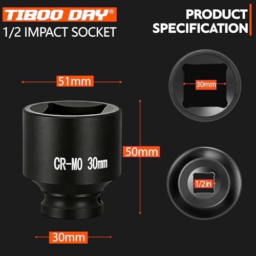 1/2" Drive 30mm Impact Socket Metric Standard Impact Socket Blackening Finish 4 Point Square Socket made with Chrome Molybdenum Alloy Steel for Auto Repair Mechanical Maintenance Removal of Axle Nut - size: 30mm - 4pt, style: 1/2" Drive Standard Socket
