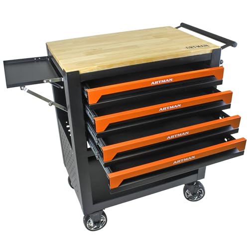 Campfun 4 Drawers Tool Box with Wheels Rolling Tool Cart with Drawers, Workbench Tool Box, Wooden Top Tool Boxes, Metal Multifunction Tool Cart for Garage, Warehouse, Repair Shop, Orange - color: 4 Drawers-orange