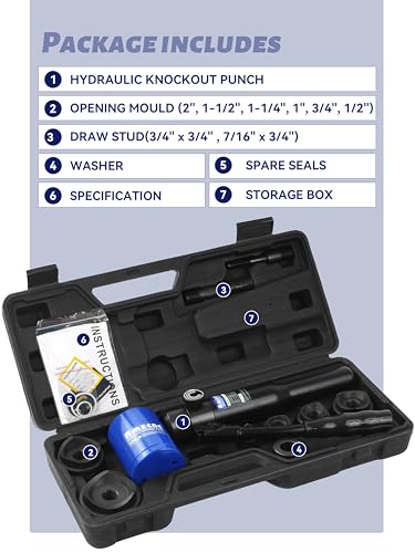 AMZCNC Hydraulic Knockout Hole Punch Driver Kit 1/2 to 2 inch Electrical Conduit Hole Cutter Set KO Tool Kit Metal Sheet Puncher (8TON(1/2"~2")) - size: 8TON(1/2"~2")