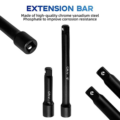Reniteco 48-Piece 3/8" Drive Socket Set, SAE (5/16"-3/4") & Metric (8mm-22mm), Deep & Shallow Sockets, Extension Bars, 1/2" F to 3/8" M Reducer, Universal Joint, 6 Point Design - size: 3/8" 48 PCS SAE & Metric