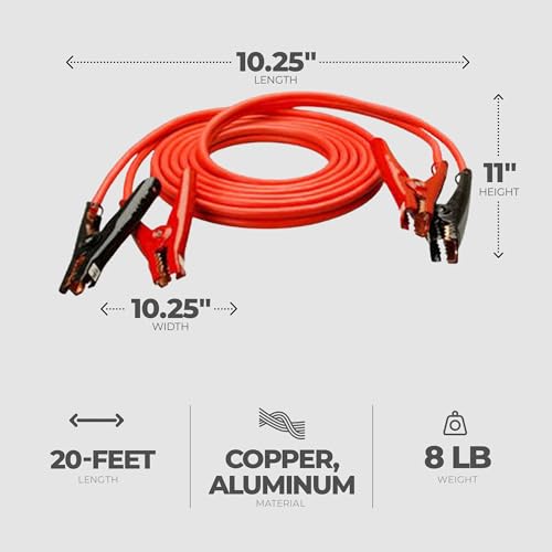 Master Mechanic 20 Feet 4 Gauge Booster Cable with Jump Start Connectors and Cable Clamps for Roadside Emergency Needs, Cars, and Vehicles, Red