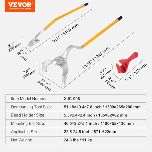 VEVOR Steel Tire Mount Demount Tool 22.5" to 24.5" Semi Tire Changing Tool with Extra Bead Holder, Tubeless Truck Bead Breaker Manual Tire Changing Tools for Car Repairing (Yellow) - color: Yellow