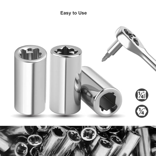 1/4” Square to 1/4" Hex Adapter - 5 Pack Chrome Vanadium Steel Bit Holders with Spring Lock for Socket Wrench, Ratchet Driver - Universal Drill Bit Converter