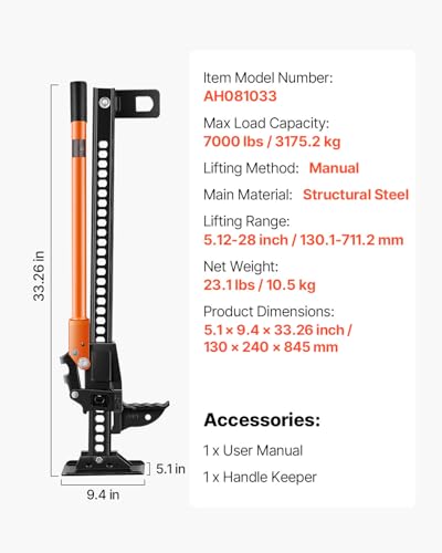 VEVOR Farm Jack, 33" Utility High Lift Farm Jack, 3.18 Ton (7,000 lbs) Capacity Ratcheting Off Road Utility Jacks, Heavy-Duty Lift Jacks with 5.12"-28" Lifting Range for Tractor, Truck, SUV - size: 33 inch