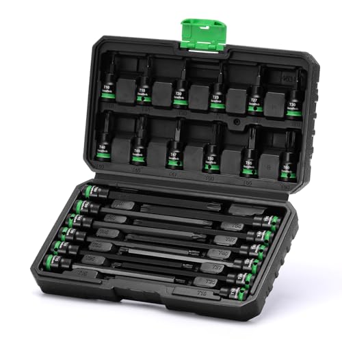 TecoTek 3/8" Drive Impact Torx Bit Socket Set, Extra Long Torx Socket, S2 Alloy Steel Star Bit Sockets, 24PCS Star Bit Set, T10-T60, 2in & 6in Long, CR-V & S2 Alloy Steel Set, Enhanced Storage Case - size: Torx Bit Socket