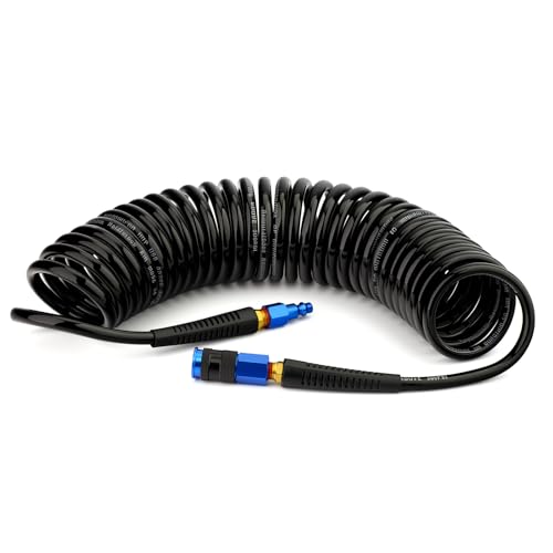 1/4" x 25 ft Reinforced Polyurethane Air Hose with Bend Restrictor, Includes 1/4" Industrial Quick Coupler & I/M Plug Kit, for Air Compressors, Black - color: Black, size: 1/4" x 25 ft