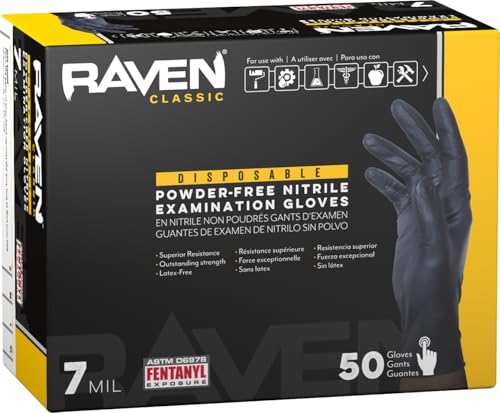 Raven Powder Free Nitrile Disposable Gloves | 7 Mil | Latex Free, Chemical + Puncture Resistant, Single Use | - size: X-Large, style: Glove