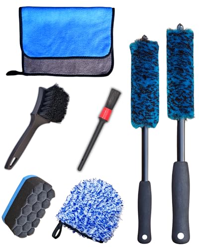 oesee 7PCS Car Wheel Rims Detail Cleaning PRO Wash Kit, Wheel Wash Mitt, Tire Brush, 2PCS Soft Wheels Brush, Detailing Brush, and Tire Dressing Pads, Microfiber Dry Towel Scratch-Free Cleaning - color: 7 Pack (Blue & Black)