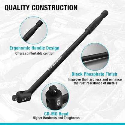 DURATECH 1/2" Drive 17.5-Inch Heavy Duty Breaker Bar with 240° Flex Head | Spring-loaded Detent Ball, CR-MO Head, Premium Black Phosphate Finish, Ideal for Industrial, Construction, and Mechanic Tasks - color: Black, size: 17.5 in