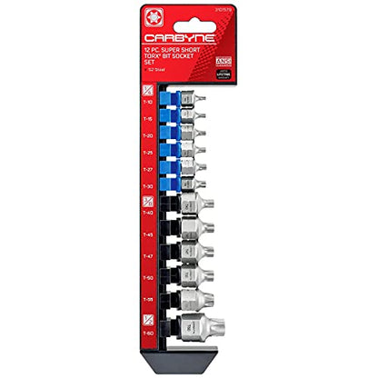 CARBYNE 12-Piece Torx Stubby Low Profile Bit Socket Set, T10 to T60, S2 Steel, Dual Drive Internal Square and External Hex Drive for Tight Confined Spaces, Genuine Licensed Torx - size: Torx