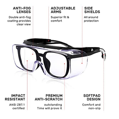 MORK&SUKY Safety Glasses Fit Over Prescription Eyeglasses, ANSI Z87 Certified,Anti-Fog Eye Protection for Men and Women. - color: Black/Gray（5pack）